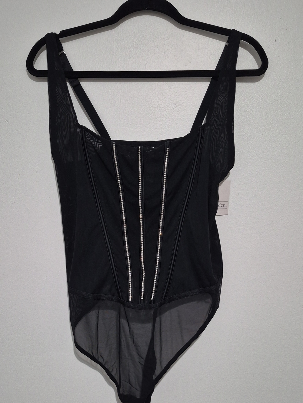 Auden Black Sheer Mesh Bodysuit with Rhinestone Trim